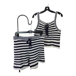 House of Harlow Dark Navy-Blue White Stripe Knit 2 Piece Top Shorts Women's S